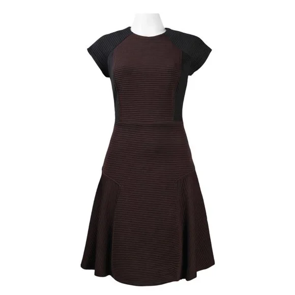 silhouette a line dress Jovani 07012 - Tea-Length Stretch Scuba A-Line Dress - Short Sleeves, Bow Accents, Seams, Back Zipper Closure 0 / Fuchsia main image 0